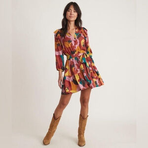 Marine Layer Elise Exploded Floral Mini Dress Tiered Ruffle Sz L Colorful Art